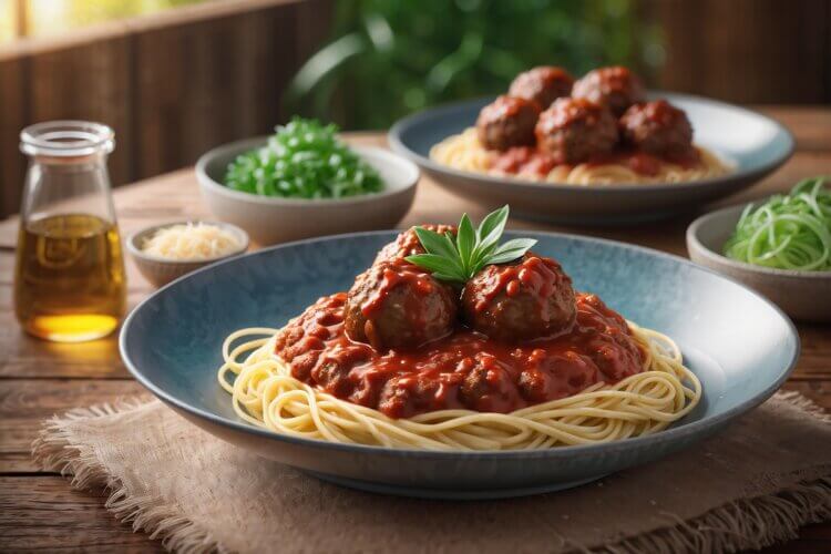 Bord strategische spaghetti met gehaktballen in tomatensaus op houten tafel; ingrediënten op de achtergrond. Twijfelmoe.