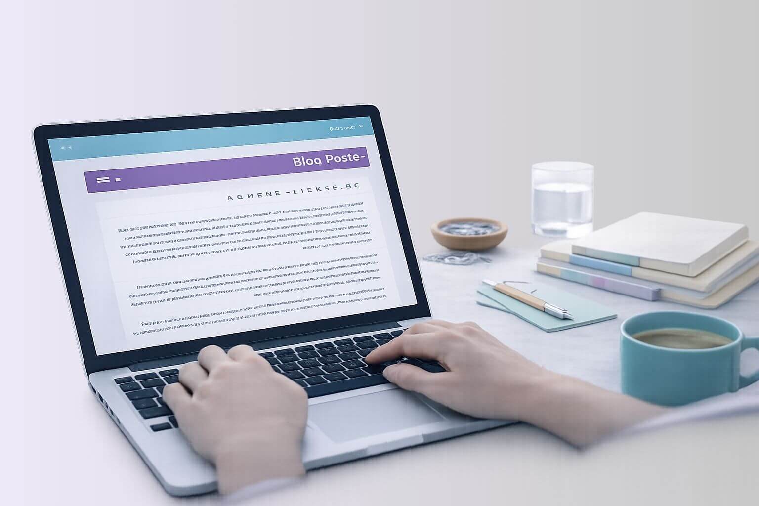 Handen typen op een laptop met blogpagina in beeld, naast notitieboeken, pen en koffiekop als symbool voor schrijven, ABC-Inspiratie en kennis delen.
